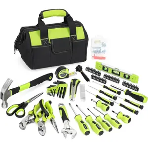 220-Piece Home Tool Set, Household Repairing Tool Kit, with 12-Inch Wide Mouth Open Storage Tool Bag, Green
