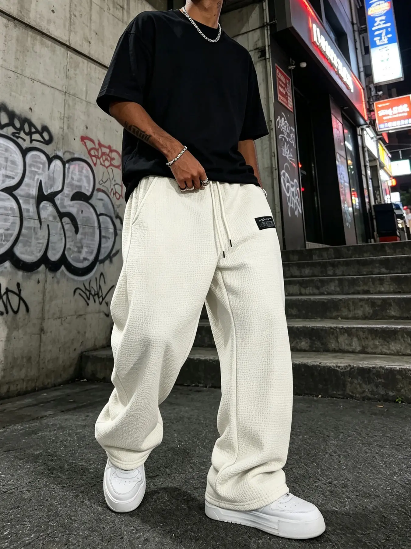 Men's Waffle Texture Baggy Pants, Elastic Waistband Drawstring Casual Sweatpants, Lightweight Breathable Streetwear Trousers for Spring Fall
