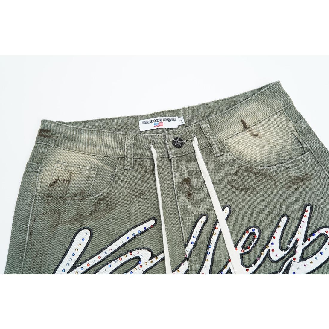 Vale Sports Valley Dreams Vintage Washed Distressed Print Full Rhinestone Bling Diamond Harajuku Letter Embroidery Baggy Denim Shorts European American Hip Hop Y2K Streetwear Loose Knee Length Casual Sparkly Trendy Jeans Shorts For Men Unisex