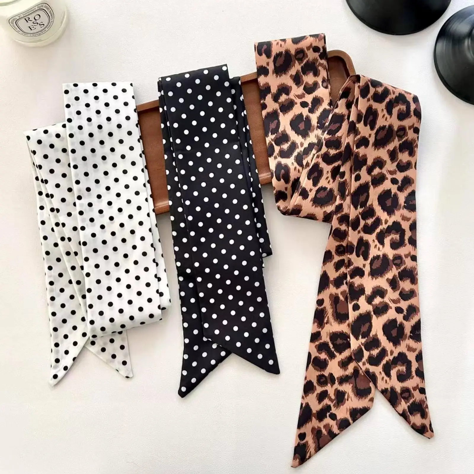 Vintage Leopard & Polka Dot Silk Skinny Scarves for Women, Trendy Satin Thin Neck Ribbon, Versatile Decorative Hair Band, Elegant Fashion Accessory for Bag Wrapping Daily Outfit Party Hairstyle