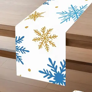 Tablecovers 1pc, a blue and gold snowflake pattern on a white1, Rectangular table runner, kitchen table, dining room coffee table decoration, festive season tabletop accessories, 100% polyester, farmhouse party holiday dinner tablecloth