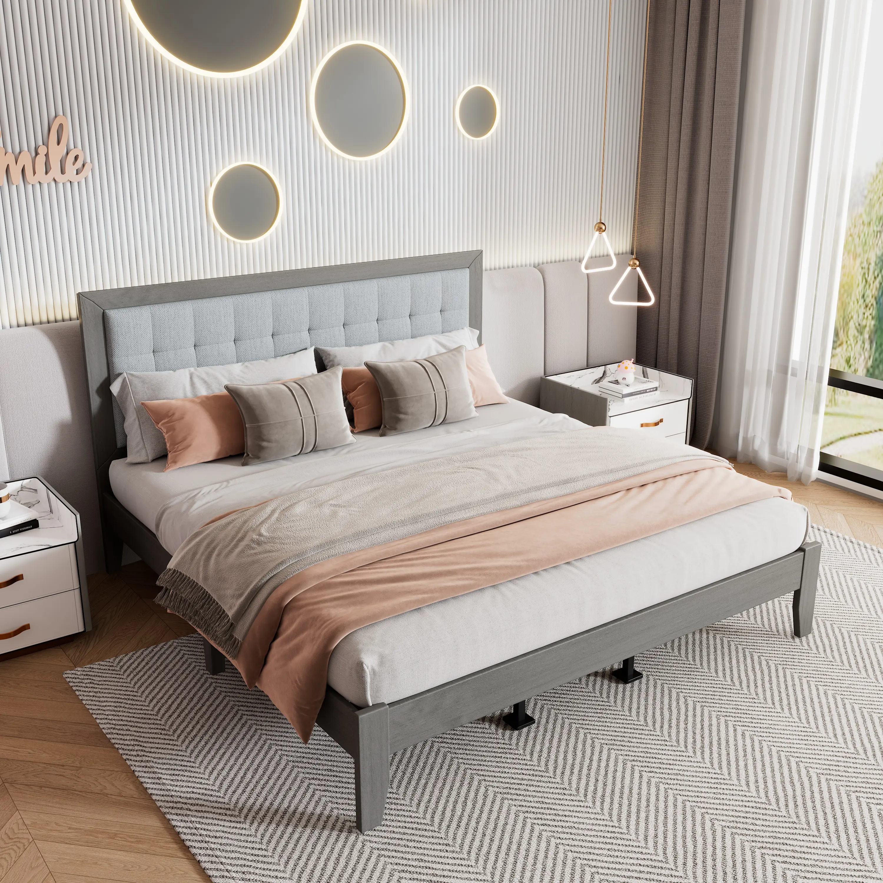 Nokaa Solid Wood Platform Upholstered Headboard King Bed – Tufted Fabric Headboard with Wooden Frame for Bedroom, Sturdy King Size Headboard, Easy Assembly, Single Piece, Home Furniture