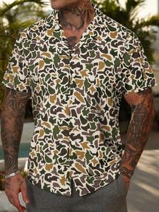 men's camo print cuba collar shirt, regular fit casual short sleeve button up top for summer, fashion men's casual button collared top for daily wear, camo camouflage print menswear, camo shirts, hawaii shirt