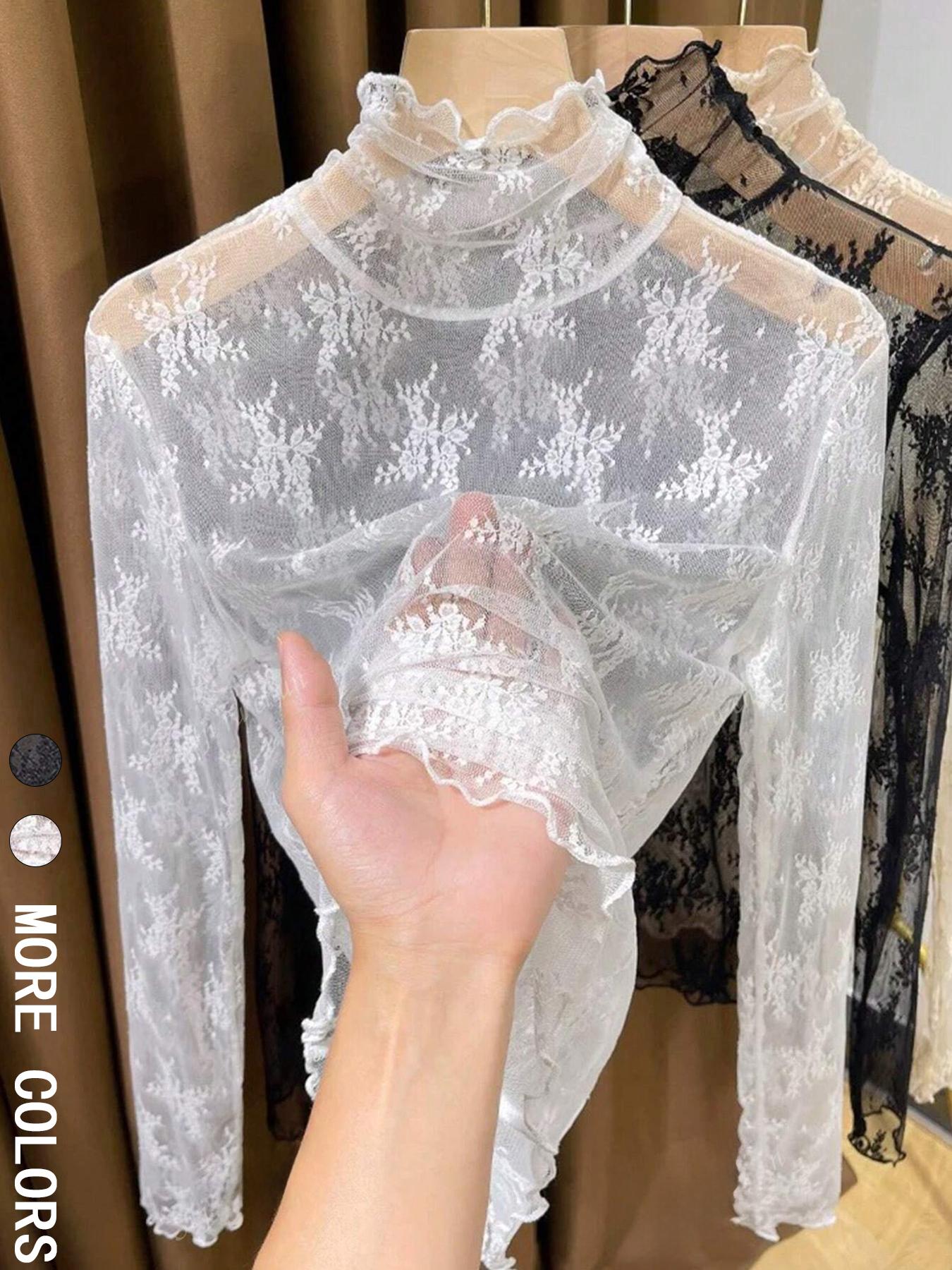 Women's Lightweight High Neck Lace Long Sleeve Ruffle Base Layer Top, Elegant Summer Fashion, Comfortable and Stylish Women's Clothing