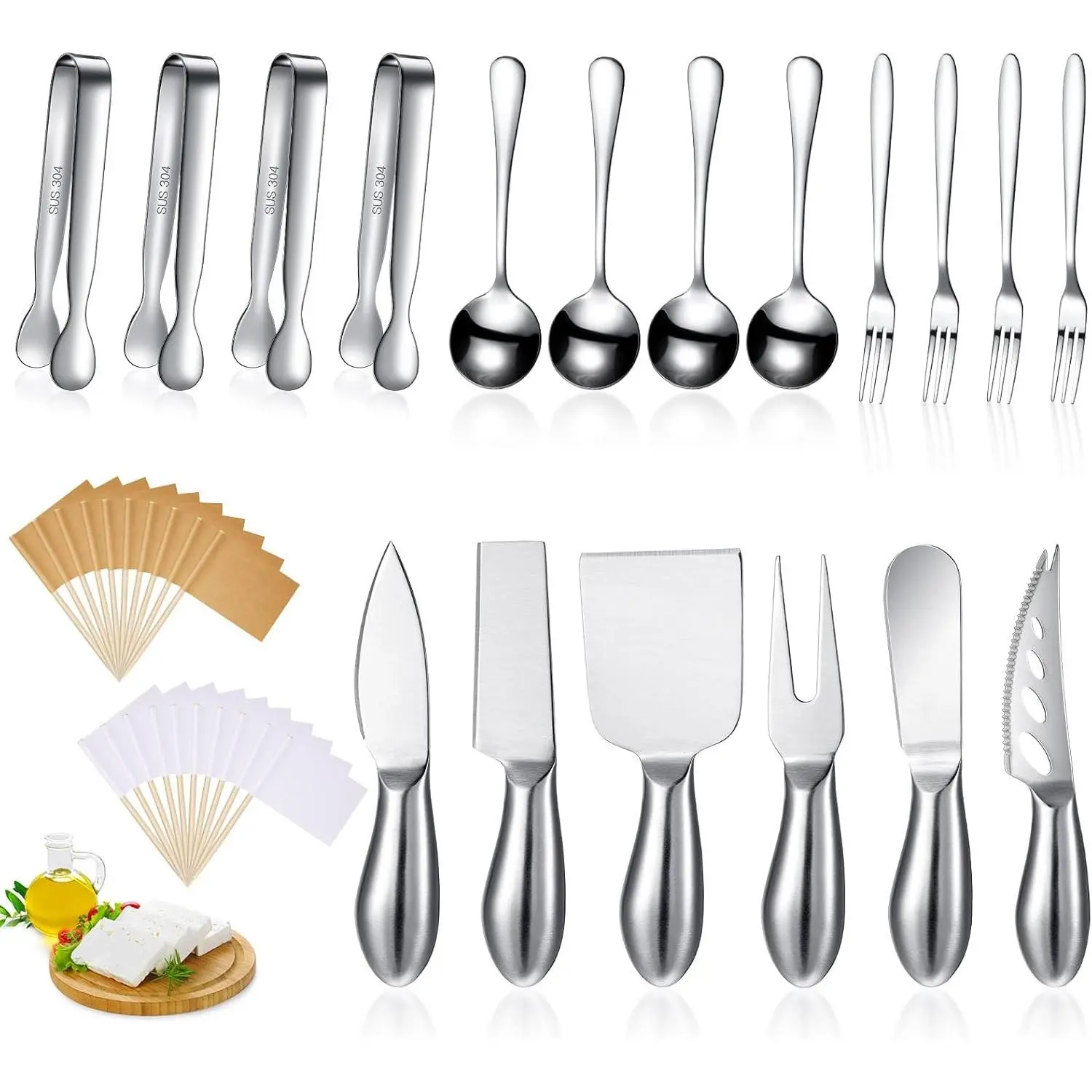 18 Pieces Silver Charcuterie Board Accessories Set, Stainless Steel Cheese Spreader Knife Butter Knife Mini Serving Tongs Spoons Appetizer Forks for Pastry Cheese Serving