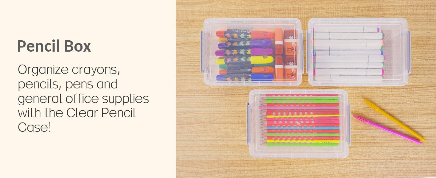 6 Pack Extra Large Plastic Pencil Box, Crayon Box, Marker Organizer with Lid-Stackable Storage Containers for Craft, Pen, Art Supplies, Grey