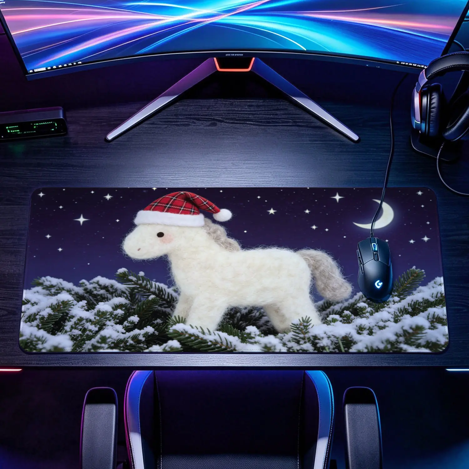 Extra Large cute wool felt pony in Christmas hat Mouse Pad,Non Slip Rubber Pad,Desktop Decoration Drotection Pad,Washable,Lock Edge Multi Size,Premium Multipurpose Mousepad For Home,Office,Gift for Family and Friends