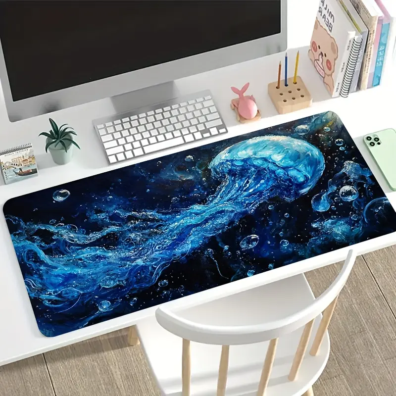 1 piece of e-sports gaming mouse pad, featuring a dynamic pattern of blue jellyfish swimming and surrounding bubbles, non-slip, washable rubber bottom desk mat, office desk accessory, computer decoration accessory, desktop decoration, dirt-resistant gamin