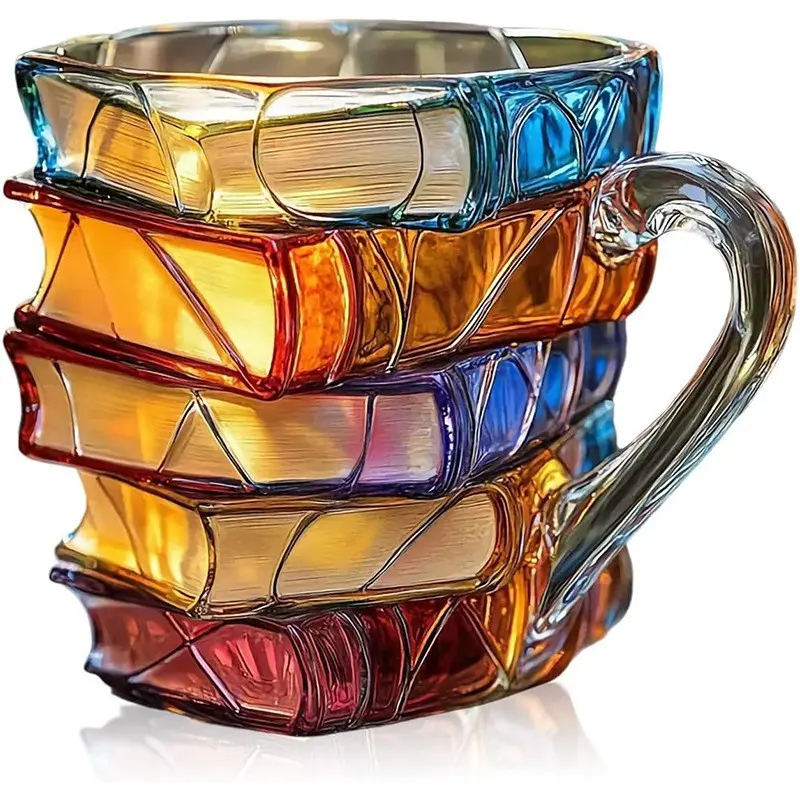 3D Painted Book Stack Glass Coffee Mug, 12 Oz Colorful Heat-Resistant Cup, Perfect Gift for Book Lovers, Readers, Writers, Librarians
