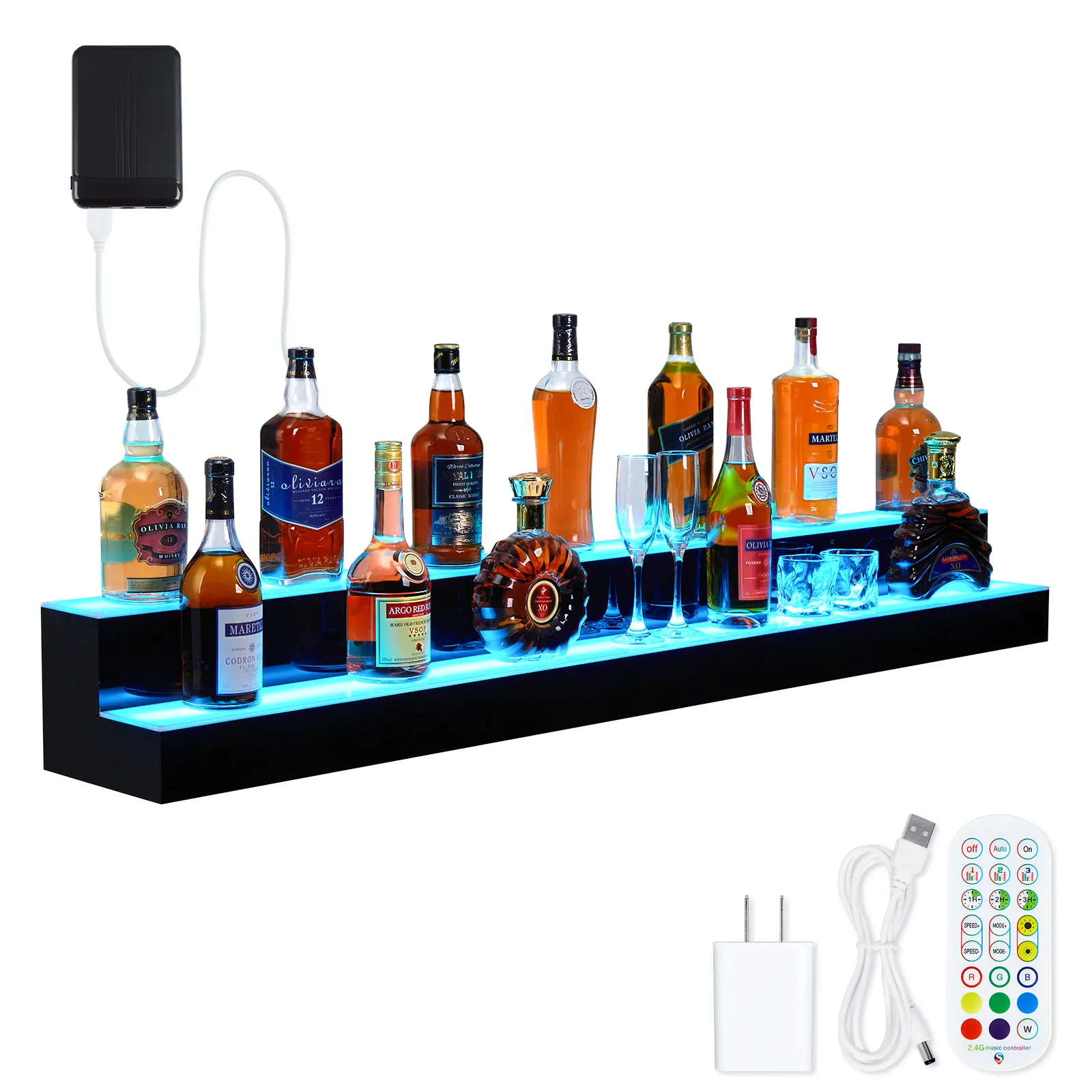 48 in LED Liquor Bottle Display Rack - 2/3-Tier Acrylic Kitchen Bar Shelf, Remote & App Control, Multicolor Lighting, 4 Modes, Wall-Mounted or Countertop, Home Use