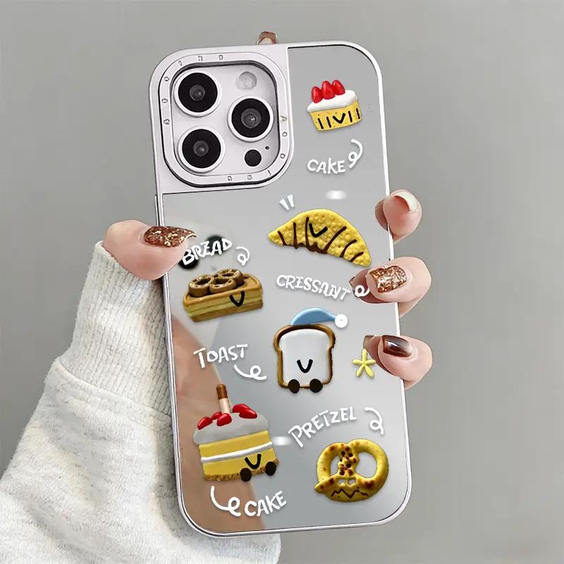 Phone Case for iPhone 17 16 15 14 13 12 Pro Max Plus AirSweet Cake Delight Croissant Charm Toasty Treat Joy Pretzel Perfection Pattern Luxury Mirror 2-in-1 Electroplated Case with Glossy Silver Back Shockproof Anti-Drop Protective Cover