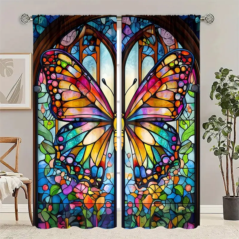Colorful Stained Glass Butterfly Printed Curtains 2 Panels, Vintage Gothic Arch Floral Window Drapes Soft Washable Home Decor
