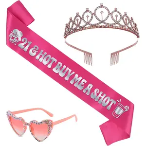 21st Birthday Sash for Women - 3 count 21 & Hot Buy Me a Shot Satin Sashes with  Foil, Tiara and Glasses Set, Girls 21st Birthday Night Party Accessories Twenty  Bday Favors