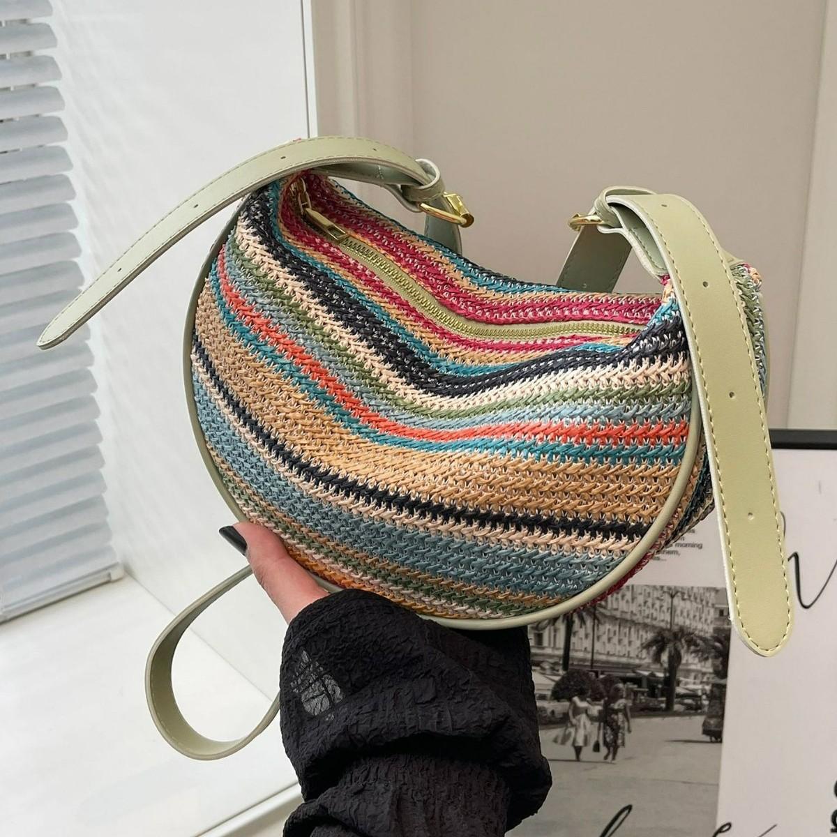 Summer Woven Bag for Women – New Style Large Capacity Cross-body Bag with Shoulder Strap – Rainbow Stripes Dumpling-Shaped Woven Fabric Tote for Daily Commuting