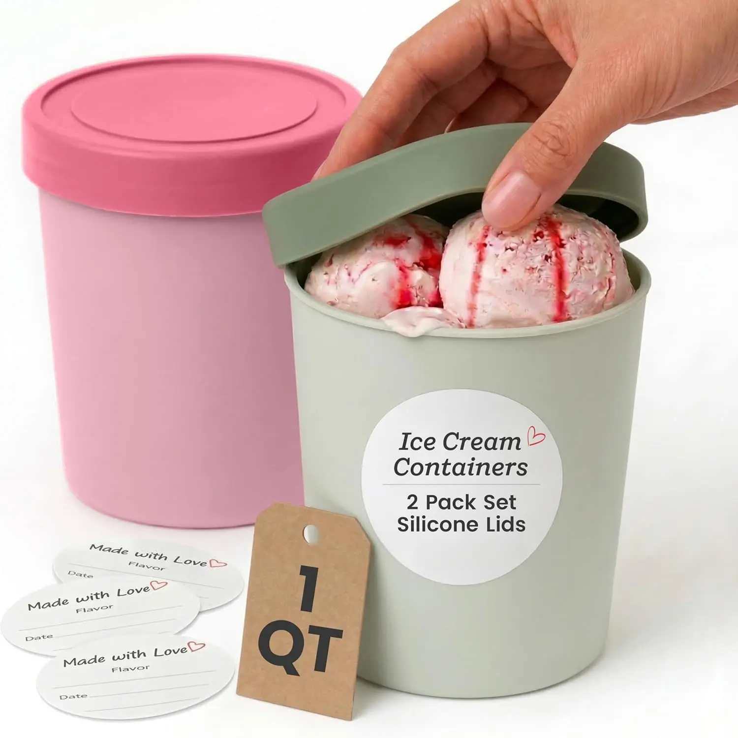 Homemade Ice Cream Containers (2-Pack, 1 Quart) - Airtight Silicone Lids, BPA-Free Reusable Ice Cream Freezer Containers with Lids, Stackable - Sage and Pink
