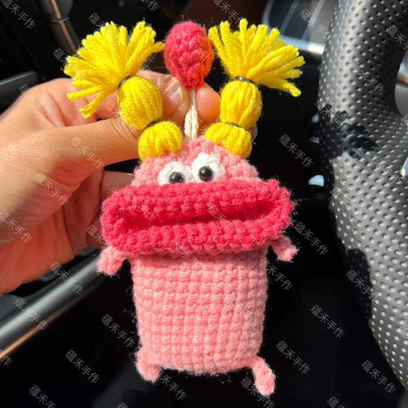 Fun Monster Crochet Key Holder And Coin Pouch Set with Matching Keychain, Hand-Knitted Sausage Tooth Big Eye Heart Drawstring Bag, Soft Washable Protective Case for Car Keys, Lipstick And Earbuds, Cute Creative Gift for Women