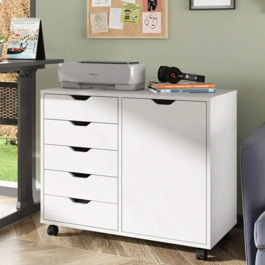 White 5-Drawer Wood Dresser - Office Furniture with Door, Mobile Storage Cabinet, Printer Stand, 100lbs Capacity, 30.8" W x 15.8" D x 25.5" H, Assembly Required, Built-In Brakes, Home Office Organizer