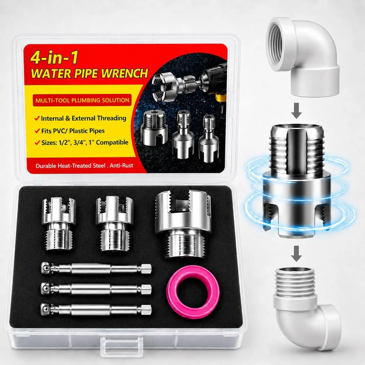 Internal & External Pipe Threading Tool Set, 3 count PVC Pipe Threader Kit for 1/2", 3/4" and 1" PVC Plastic Pipes, Heavy-Duty Alloy Steel, Electric Drill Compatible for Plumbing and DIY