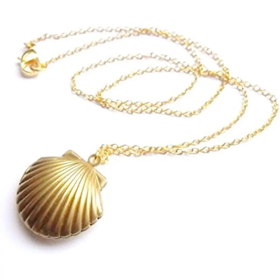 Sea Shell Locket, Beach  Valentine Necklace,  Tone Brass, Little Shell Locket, Nautical ()