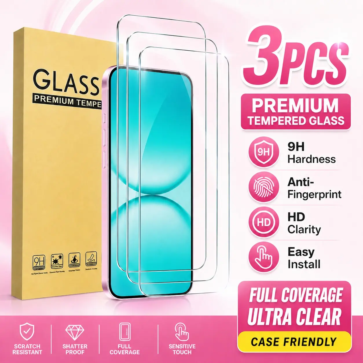iPhone Screen Protector, Full Coverage Tempered Glass Film, Anti-Scratch & Fingerprint Resistant, Compatible with iPhone Models