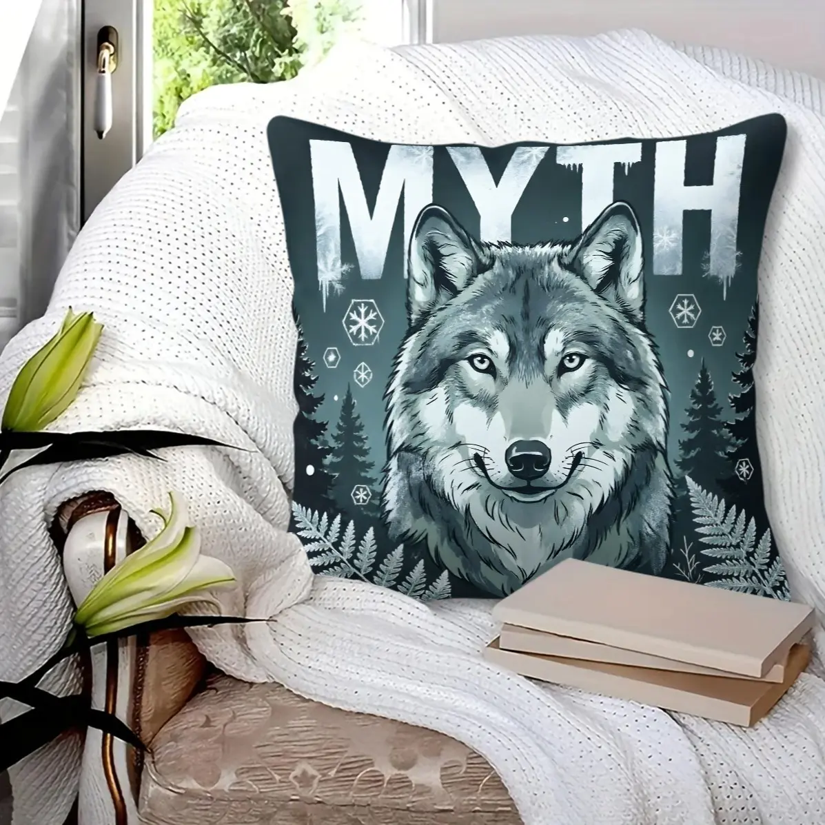 Vintage Woodcut Wild Wolf Independent Artistic Creative Throw Pillow, Machine Washable, Diverse Artistic Trendy Print, Plush and Soft Filling, Universal for All Scenes and Crowds, Sofa Decorative Cushion (Includes Pillow Insert, Removable)