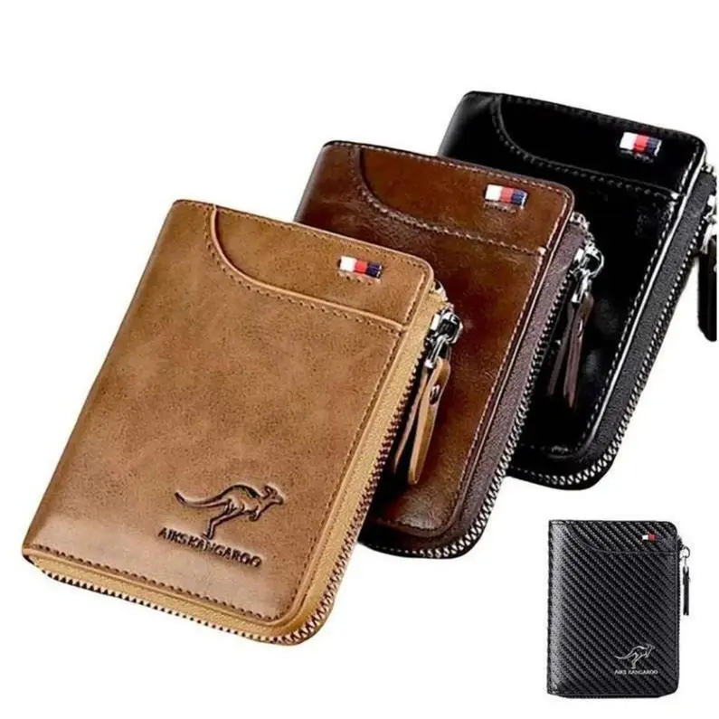 RFID Blocking Slim Leather Wallet - Multi-Card & ID Slots, Waterproof Zipper