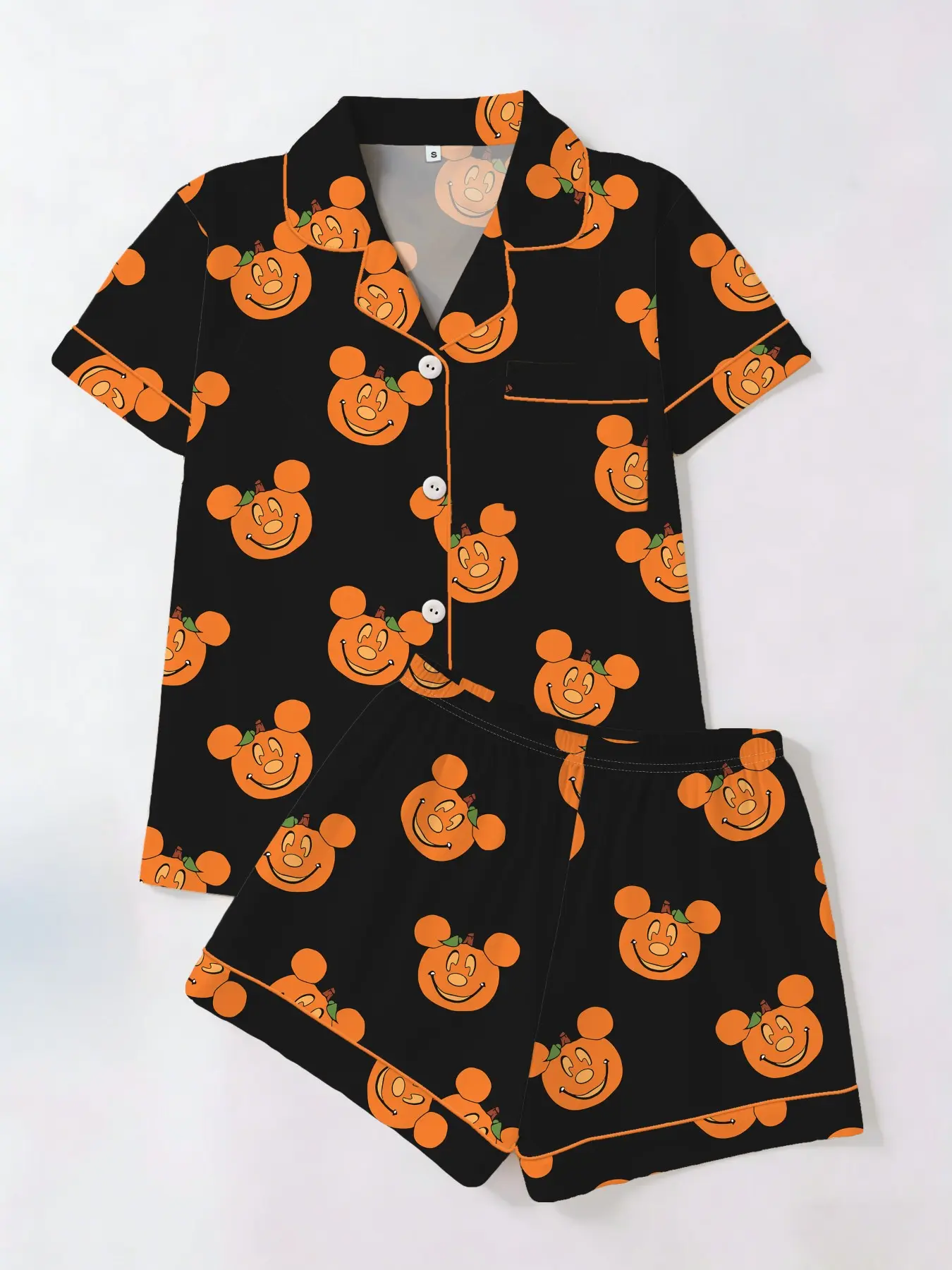 Women's Short Sleeve Sleepwear Set, Halloween Pumpkin Print, Casual Home Wear, All Seasons, Above the Knee, Two-Piece