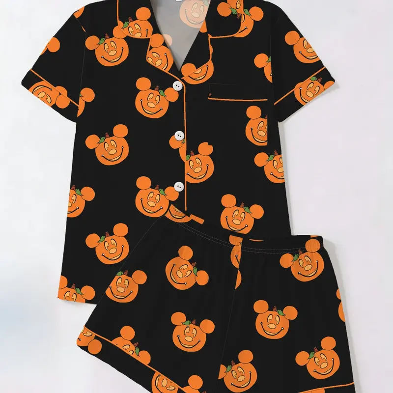 Women's Short Sleeve Sleepwear Set, Halloween Pumpkin Print, Casual Home Wear, All Seasons, Above the Knee, Two-Piece, Halloween Loungewear