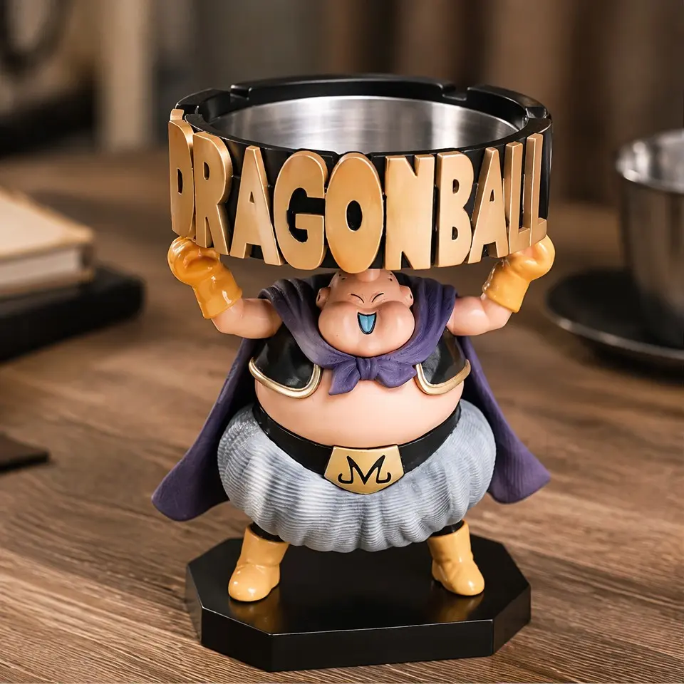 Dragon Ball Buu Ashtray Figure, Cute PVC Collectible, Stainless Steel Interior, Anti-Slip Slot, Perfect for Desk & Office Decor