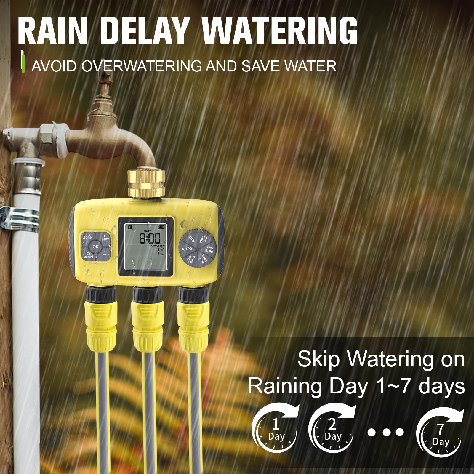Watering Timer, Automatic Watering Timer with 3 Outlets, Waterproof Hose Timer with Rain Delay Function, Suitable for Lawn & Outdoor Use, Garden, Automatic Watering Devices, Automatic Watering System