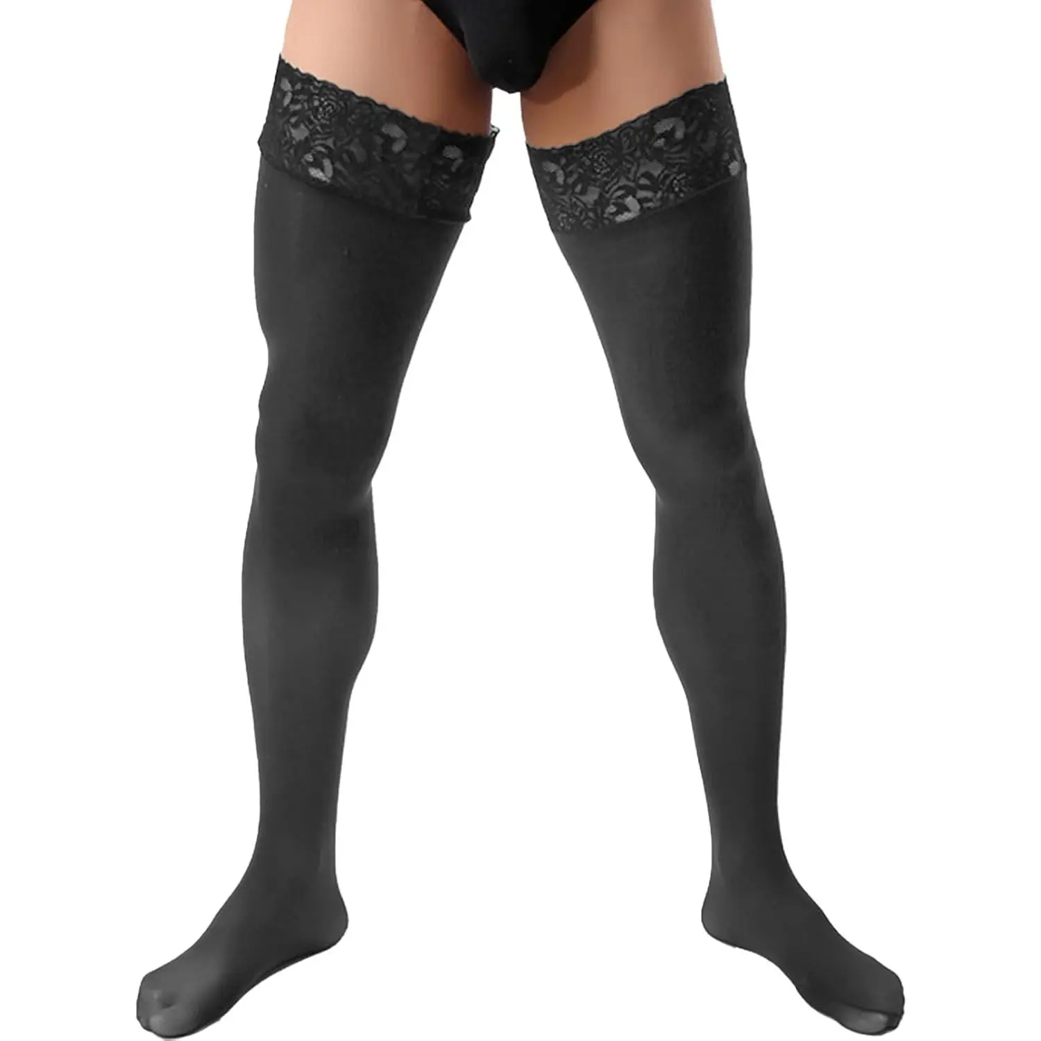 Men’s Thigh High Stockings Over Knee Lace Top Thick Warm Silicone Antiskid Long Socks for Men Sissy Fishnet silly Style