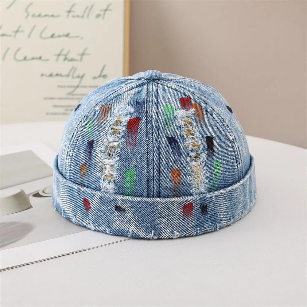 Vintage Distressed Denim Docker Cap for Men Women Retro Washed Miki Hat with Colorful Graffiti Print Streetwear Brimless Beanie