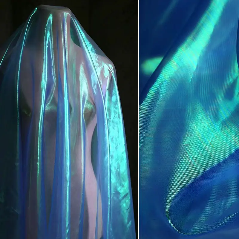 1pcs blue Shimmer Color Changing Organza Mesh Fabric, Silky Glossy Wine Red Iridescent Sheer Material, Ideal Sewing Fabric for Cape, Bridal Veil, Holiday Table Decor & Evening Performance Dress