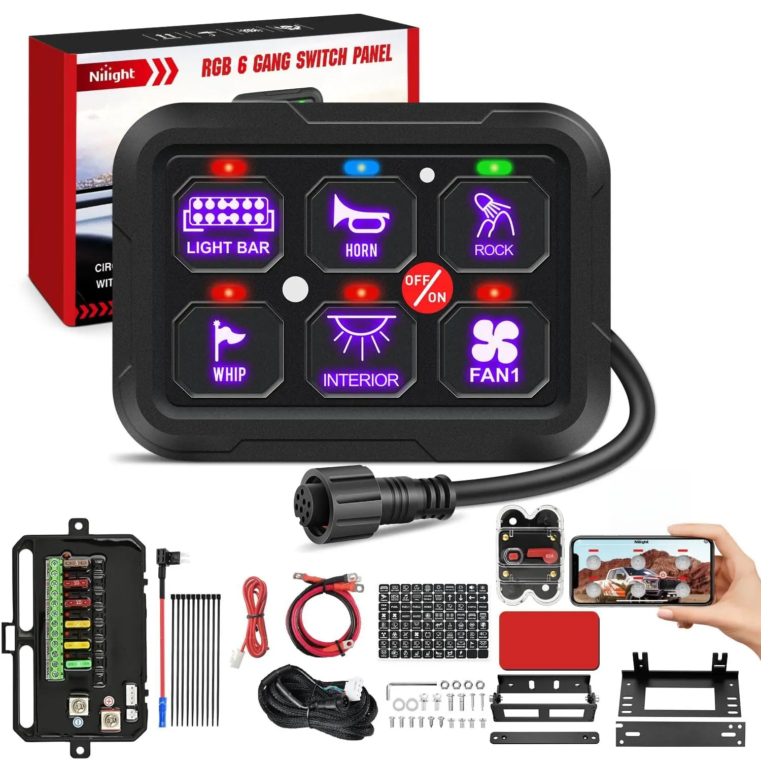 Nilight 6-Gang 12V-24V Universal Circuit Control Relay System, RGB Backlight APP-Controlled Fuse Wiring Harness, Automatic Dimmable ON-Off LED Switch Pod with Car Ambient Lighting for Car, Camper Car Audio