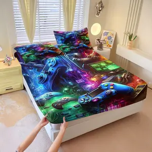 Gaming Controller Pattern Fitted Sheet Set, 3Pcs Neon Style Bedding Set, Soft Microfiber Fitted Sheet, Breathable Fitted Sheet, All Season, Perfect Teen Boys Gaming Bedroom Game Room and E Sports Dorm Home Decor. 2 Pillowcases, No Filling