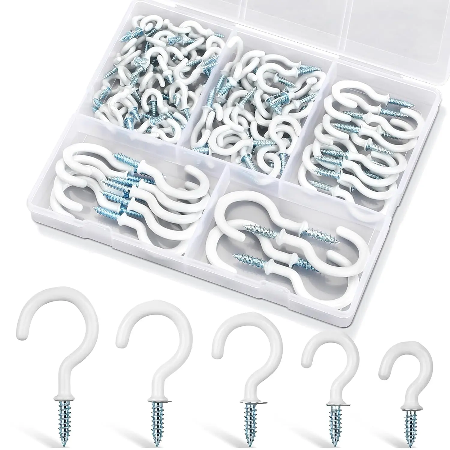 110 count  Screw Hooks, 5 Sizes White Vinyl Coated Cup Hook, from1/2 in Small Hooks to 1-1/2 in Ceiling Hooks Heavy Duty, Screw in Hooks for  , String Lights