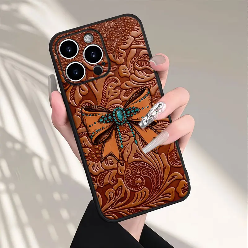 Tooled Leather Turquoise Bow Phone Case,Vintage Western Cowboy Style for iPhone 17 16 15 14 13 12 11 Plus Pro Max,Rustic Exotic Craft Gift