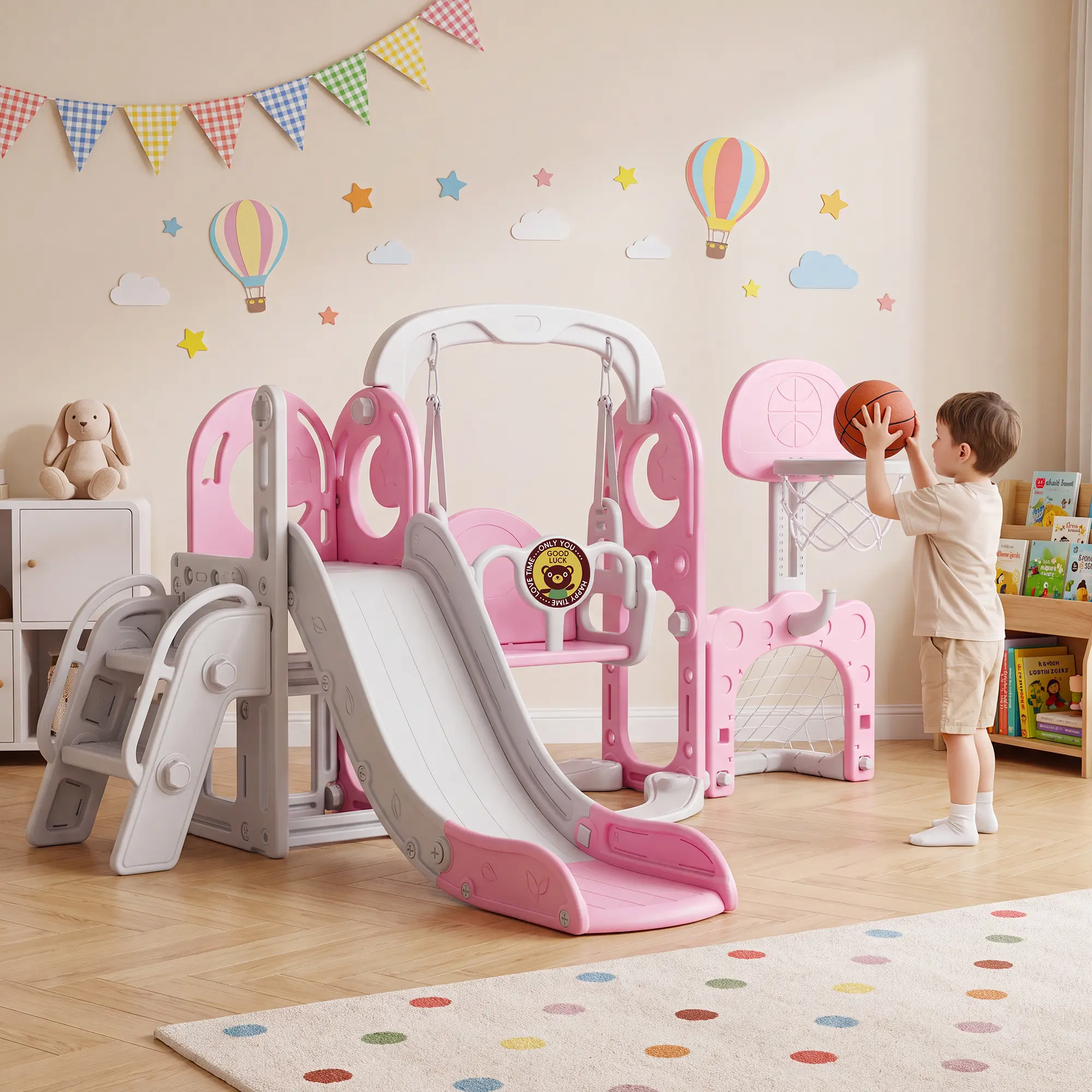 7-in-1 Freestanding Toddler Slide & Swing Set Playground - Plastic Indoor/Outdoor Climber with Baby Slide, Basketball Hoop & Telescope - Ages 1-3