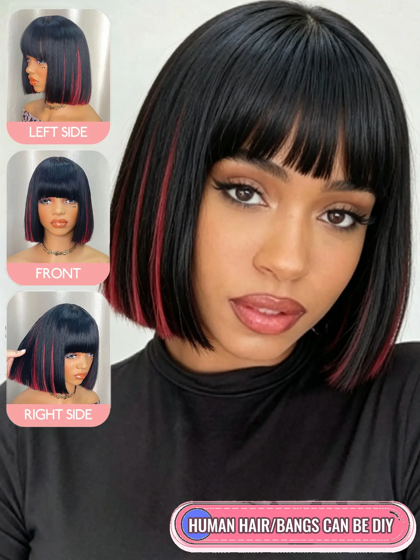 10 Inch Human Hair Bob Wig with Bangs, Straight Short Cut Style, Full Machine Made No Lace Wig, Silky Smooth Finish, Breathable Cap Structure for Daily Wear for Women