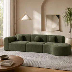 ARCH Modern Curved Sectional Sofa Set 3-Piece with Chaise Lounge, High-Density Fully Compressed Sponge, Green Polyester Fabric, Right Hand Facing, 4-Seat, Fully Assembled, 140in, for Living Room Lounge, Green Color Options, Foam/Polyester Material