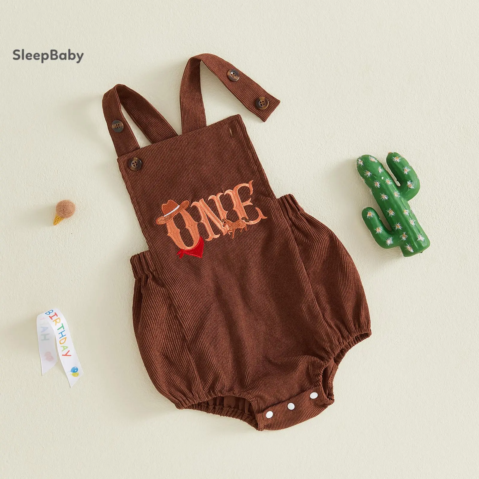 Baby Western Cowboy First Birthday Romper, Corduroy Suspender Bubble Onesie with ONE Embroidery Cowboy Hat Horse Design, Infant 1st Birthday Party Outfit