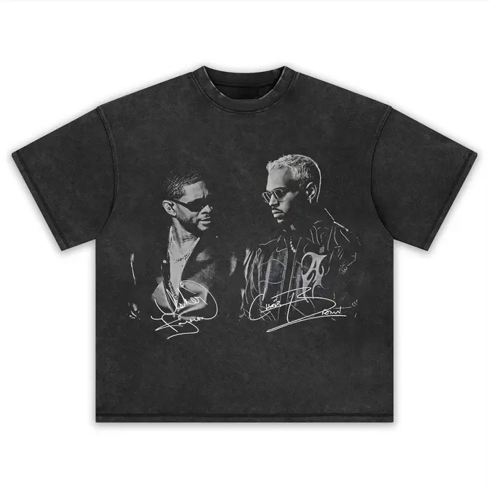 Retro Acid Washed Two-Style Apparel, Available In Short Sleeve T Shirt & Sleeveless Tank Top, Front Usher & Brn Face To Face Black White Portrait With Individual Cursive Signature Print Oversized Heavyweight Unisex R&B Street Top