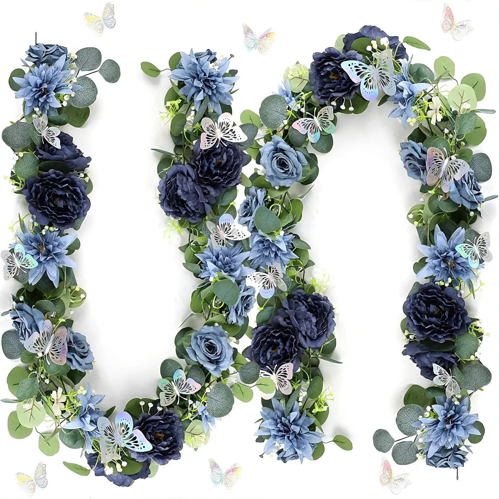 Traditional Lightweight 2-Pack Artificial Eucalyptus Rose Garland with Butterflies, 71in Decorative Silk Flower Vine for Wedding, Home Decor, Mantel Staircase Table Centerpiece