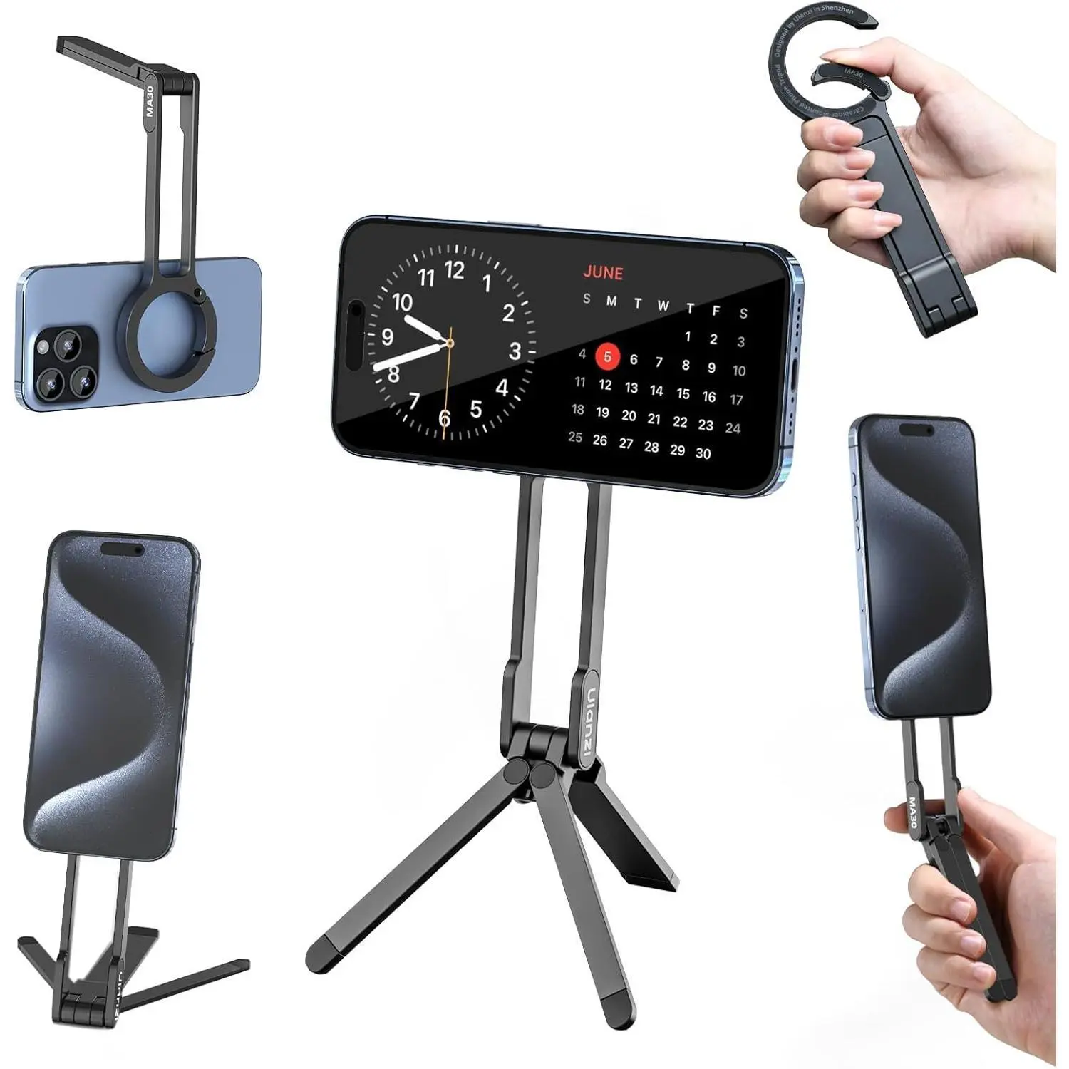 Magnetic Phone Tripod for iPhone, Portable Pocket Mini Cell Phone Stand, Strong Magnet Quick Mount Foldable Hook, Compatible with iPhone 17 16 15 14 13 12 Series, Black