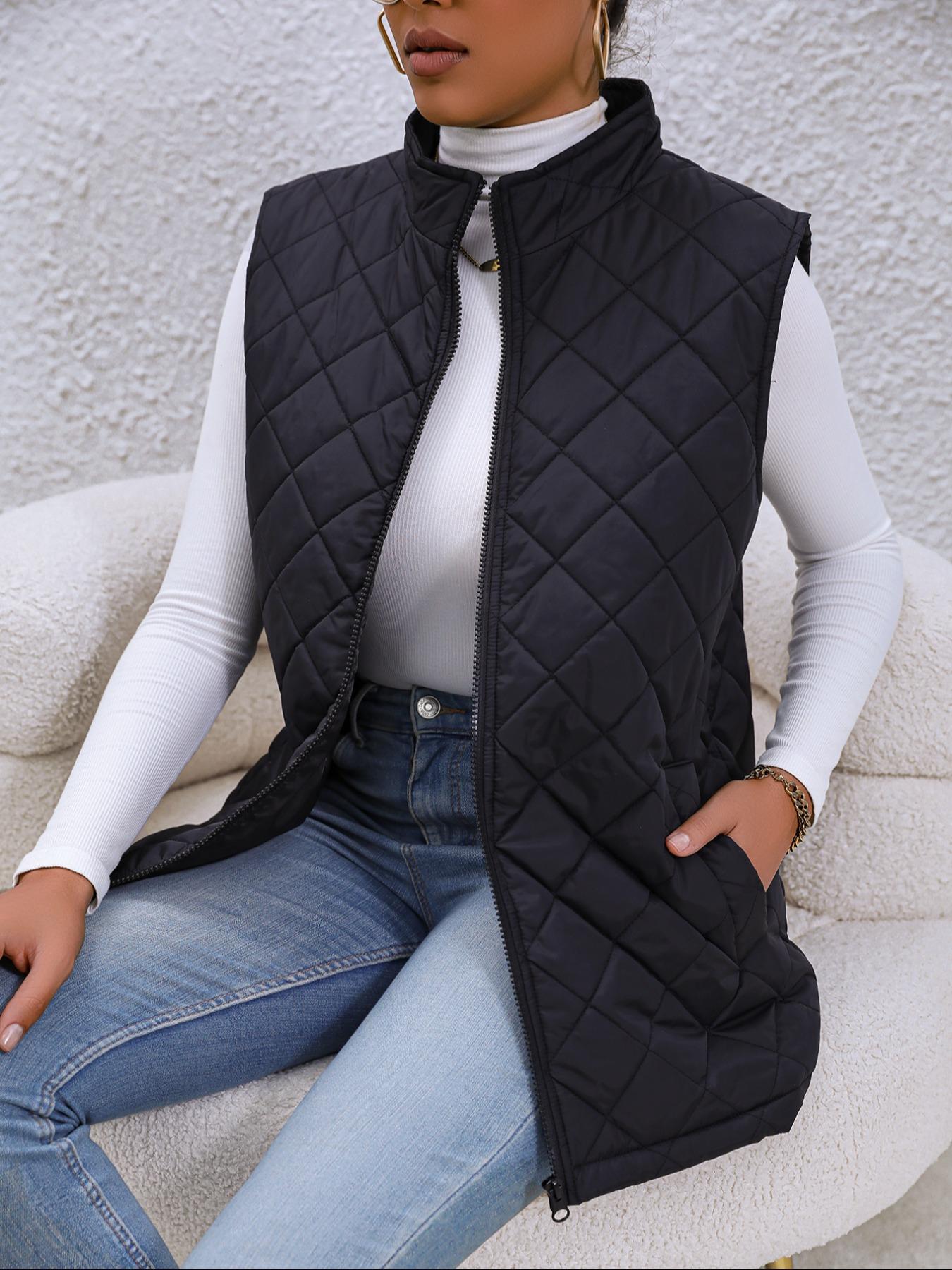 Women's Solid Mock Neck Zip Up Quilted Vest Coat, Casual Pocket Zipper Sleeveless Outerwear For Fall & Winter, Women's Clothes For Daily Wear