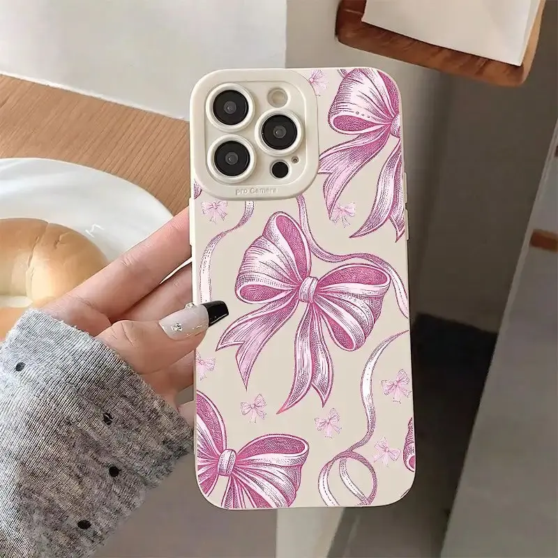 A Stylish Phone Case With A Pink Bow Pattern, Compatible With iPhone 17/16/15/14/13/12/11 Pro Max Plus Mini, Featuring A New White Shockproof Design, Cute Phone Cover, Stylish Gift