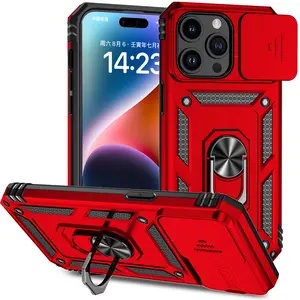 PETSUN QPS phone case for iPhone 15, with sliding camera cover and adjustable stand, compatible with MagSafe, sturdy shockproof heavy-duty suction protective case, 6.1inch shockproof full body , red