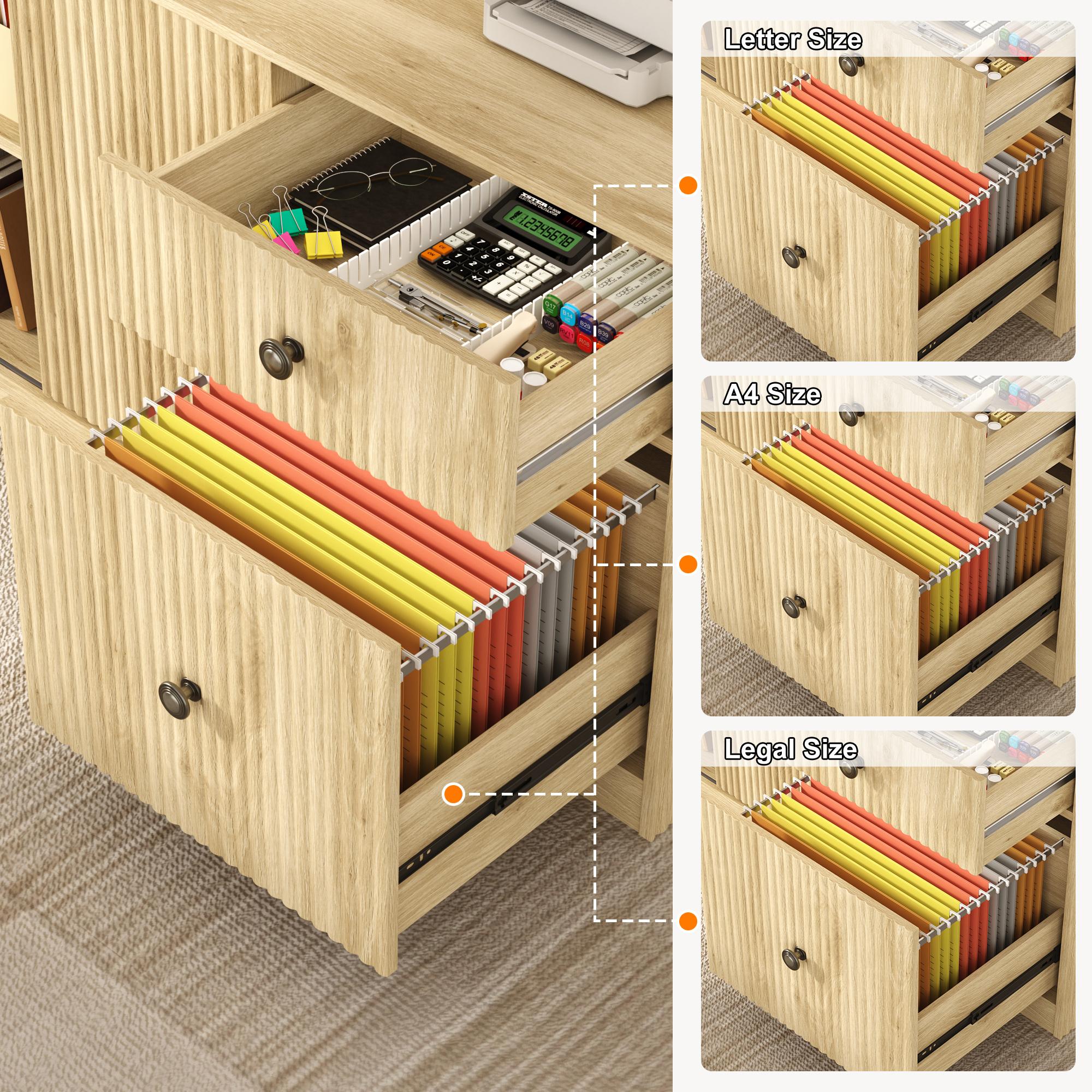 63" L-Shaped Electric Standing Desk, Executive Standing Desk with File Cabinet, Height Adjustable Sit Stand Desk with Storage Shelves & Drawers, Corner Computer Desk with Power Outlet, Brown/Light Oak