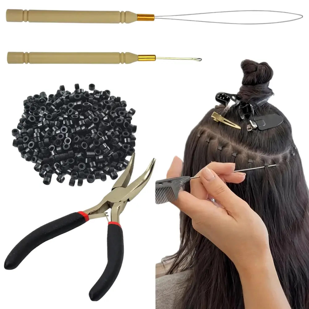 Hair Extension Tool Kit with 500Pcs 5mm Black Silicone Micro Link Beads, I-tip Hair Pliers, Pulling Hook, Threading Needle, Professional Micro Ring Hair Styling Supplies