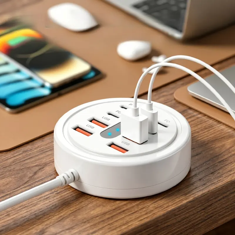8-in-1 Round USB-C Fast Charger with 4 USB Ports & 4 Type-C PD Fast Charging Ports, Multi-Port Multi-Output Fast Charging Station, Compatible with USB Hubs, USB Adapters & USB-C Hubs